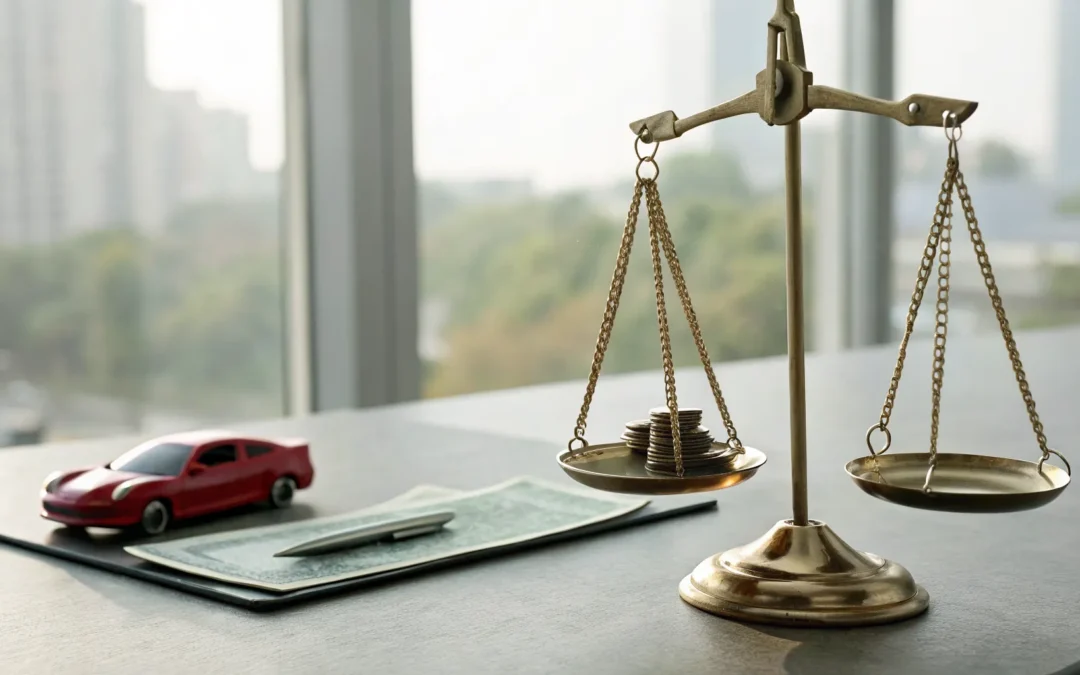 Scales of justice weighing a toy car and coins to show how much a car accident lawyer costs.