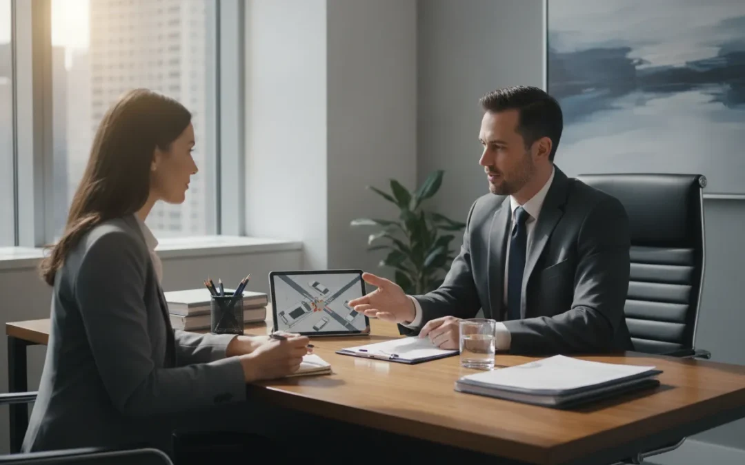 A lawyer and client discuss a car accident during a free consultation.