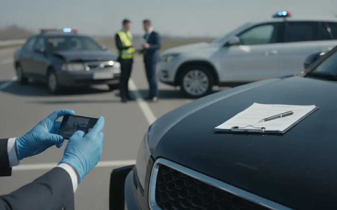 Police officer documents a car crash, a crucial step if you are hit by an uninsured driver.
