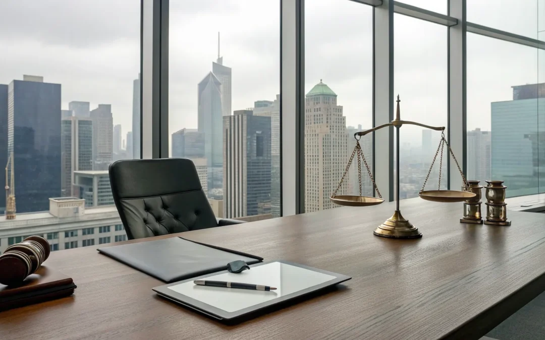 Scales of justice on a law office desk for someone deciding when to hire a car accident lawyer.