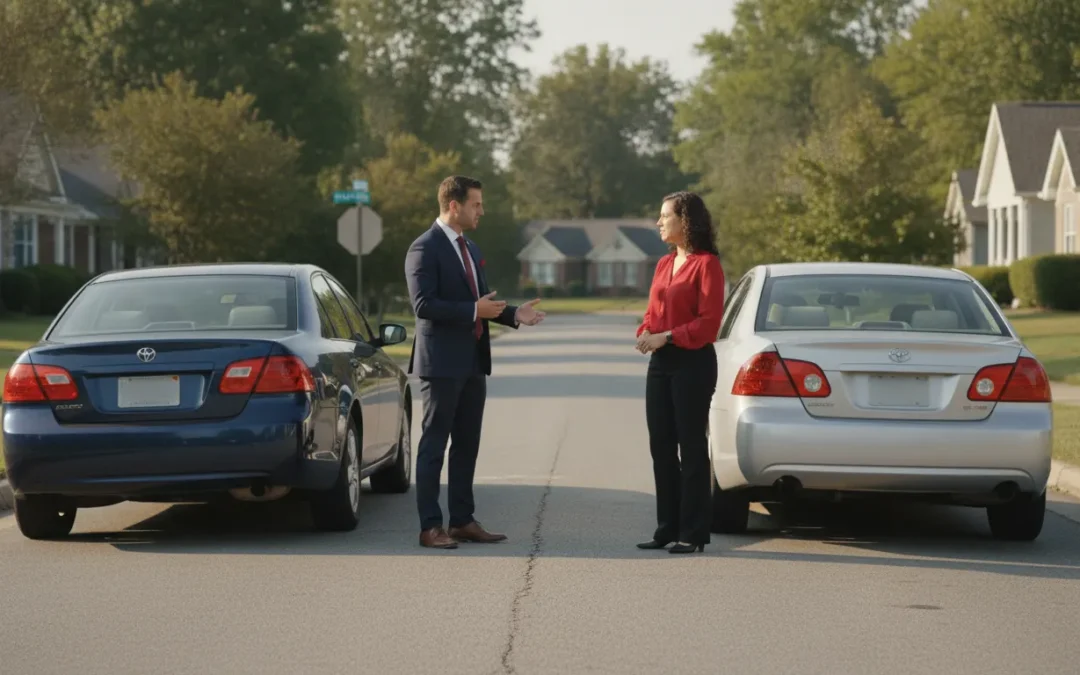 Kentucky attorney discussing a rear-end collision claim with a driver beside two vehicles