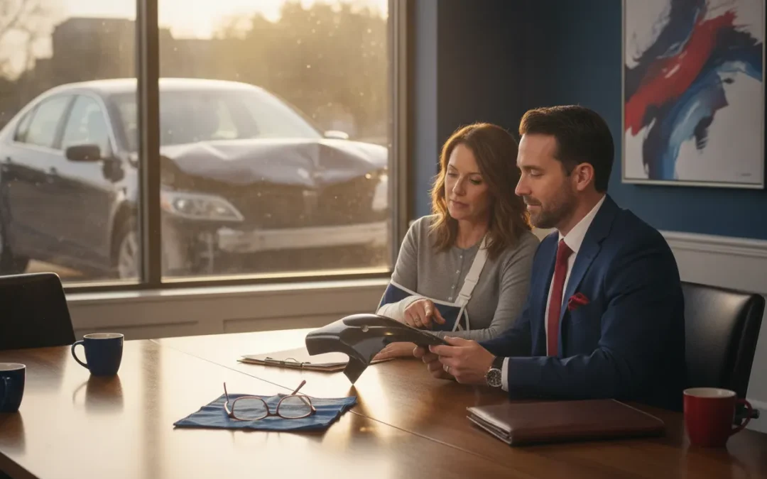 Louisville attorney reviewing distracted-driving collision evidence with an injured client