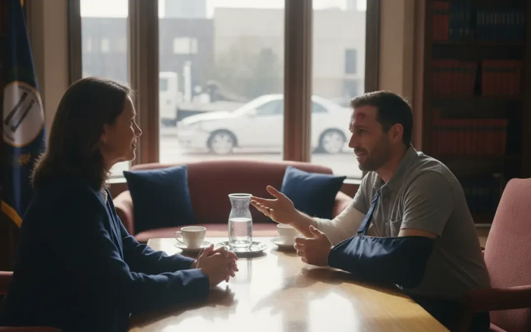 Injured Kentucky driver discussing an auto insurance claim with a local attorney