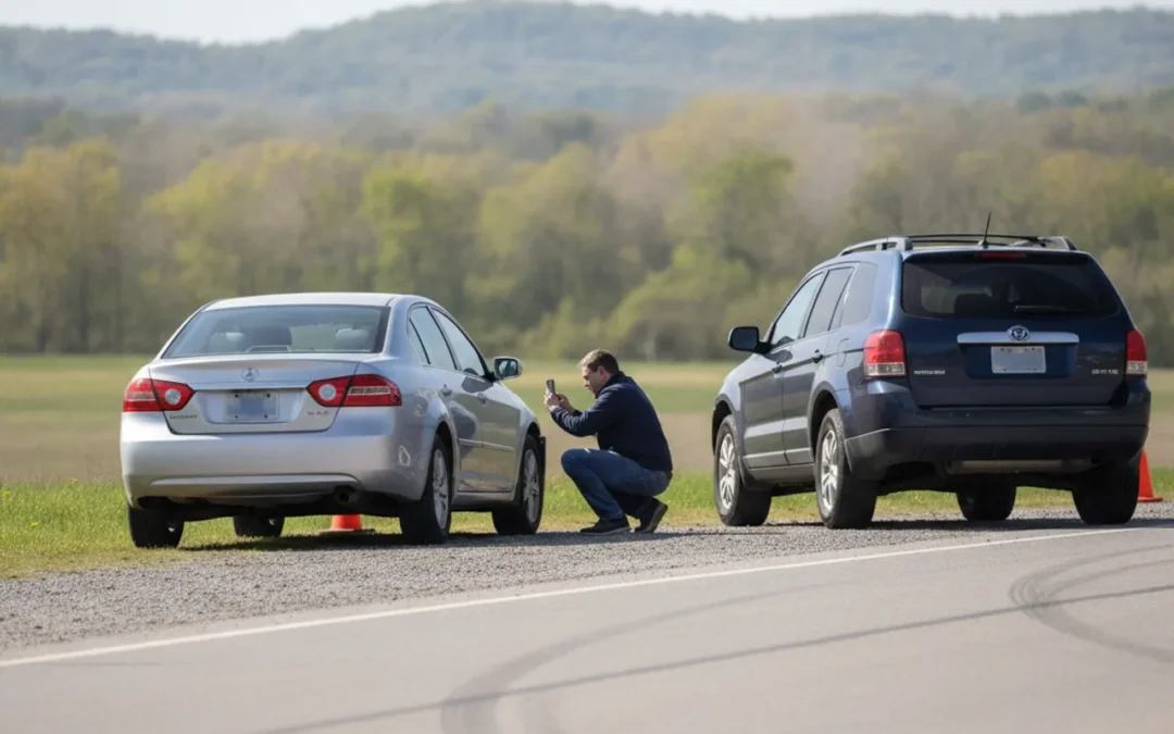 A person documenting vehicle damage and the crash scene after a car accident in Kentucky