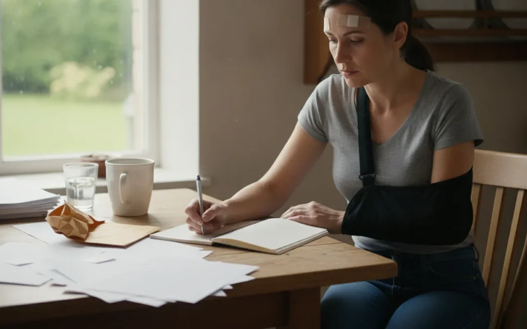 A person reviewing car accident documents and medical bills at a desk