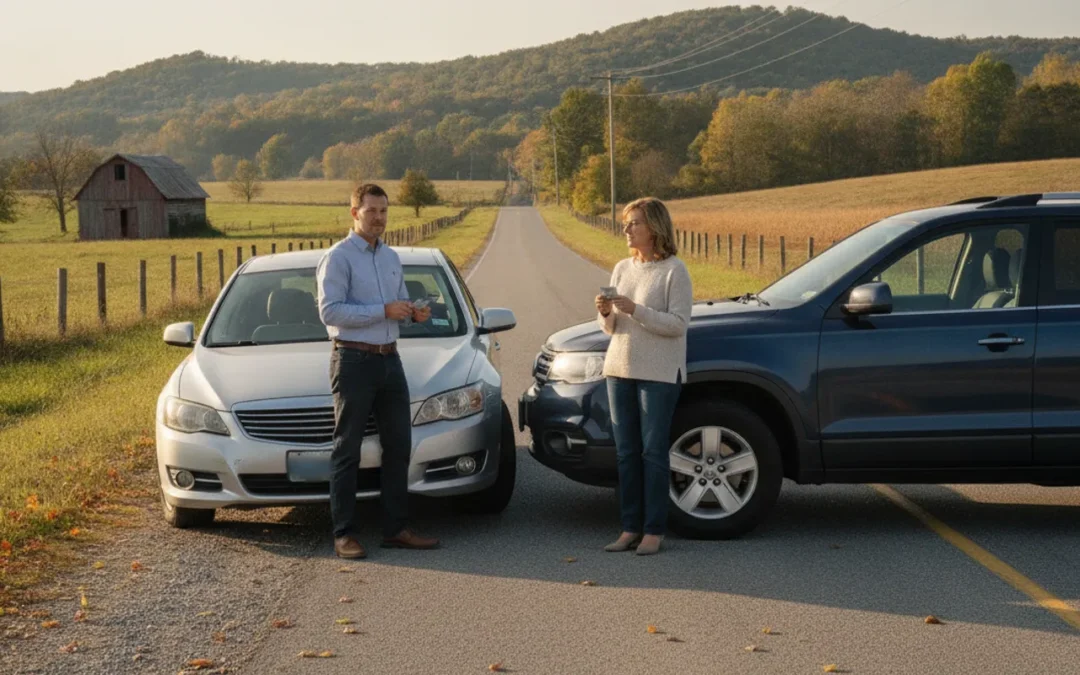 Two damaged cars on a Kentucky roadside as drivers exchange information after a collision